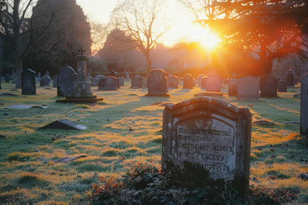 Old gravestone in the old cemetery at sunrise with sunbeamsの写真素材