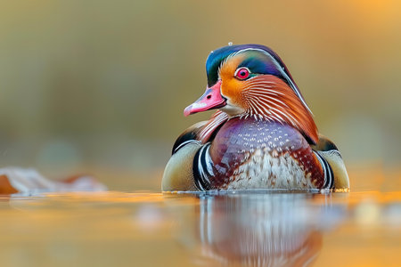 Mandarin duck (Aix galericulata) swimming in the waterの写真素材