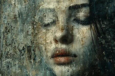 Portrait of a beautiful girl with painted face. Grunge background.の写真素材