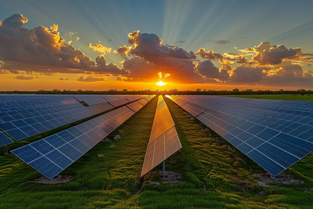 Solar panels in the field. Photovoltaic modules for innovation green energy.