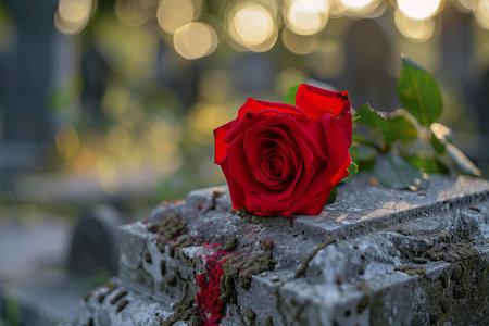 Red rose on a grave in a cemetery. Shallow depth of field.の写真素材