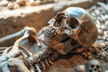 Skull and bones of a human skeleton in the ancient ruins.の写真素材