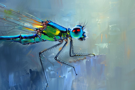 blue dragonfly on the background of the oil painting on the wallの写真素材