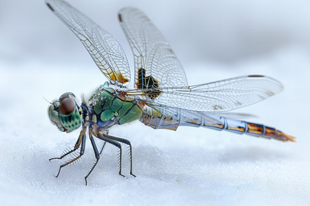 Macro of a dragonfly on a white sheet of paper.の写真素材