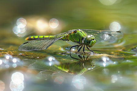 Green dragonfly on the water surface with bokeh background.の写真素材