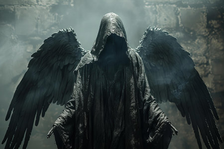 Black angel with wings and smoke coming out of the mouth on a dark backgroundの素材