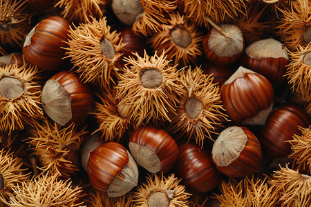 Hazelnuts in the shell as a background, top view.の写真素材