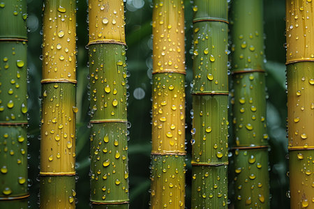 Green bamboo stems with raindrops. Close up. Nature background.の写真素材