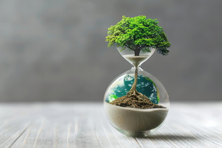 Green tree growing inside hourglass on grey background, save earth concept