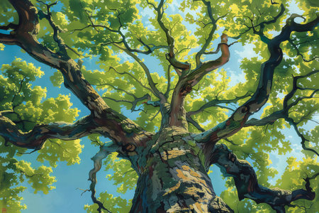 Old oak tree against the blue sky. Spring landscape. Digital painting.