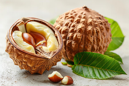 Whole peeled hazelnuts with leaves on a light background.の写真素材