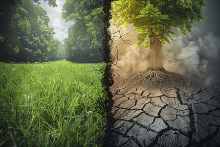 Dry land in the forest, global warming concept, nature background