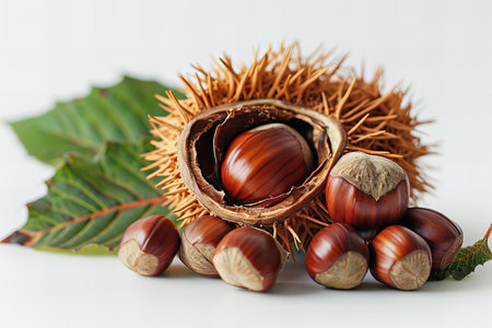 Hazelnuts with green leaves on a white background.の写真素材
