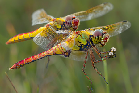 Two dragonflies mating on the grass. Close-up macro photography.