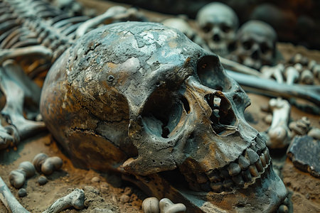 Skulls and bones of an ancient greek civilization, closeup
