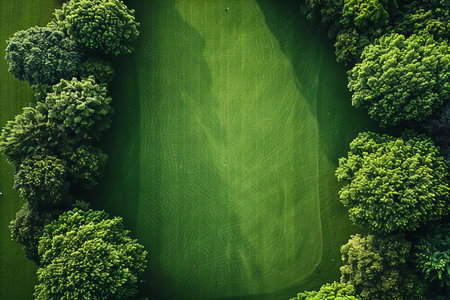 Aerial view of green golf course with trees and grass field.の写真素材