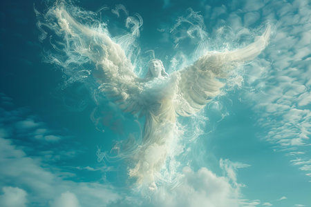 White angel in the blue sky with clouds. 3d render illustrationの写真素材