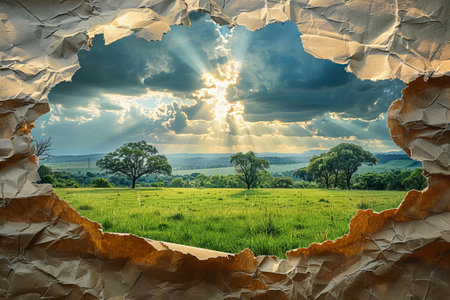 Hole in paper with view of the green field and sky.の写真素材