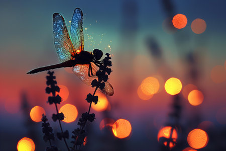 Beautiful dragonfly on a background of the setting sun. Sunset.の写真素材