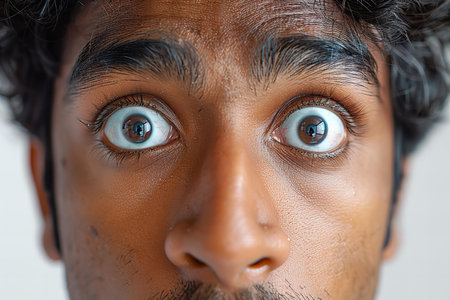 Close up of Indian man's face with blue eyes looking at cameraの写真素材