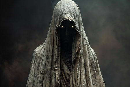 Creepy figure in a dark room with smoke and fog.の写真素材