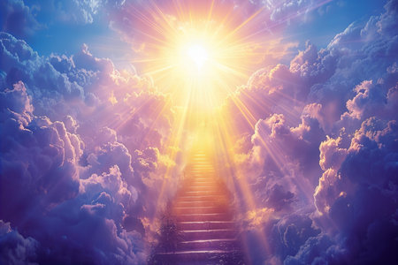 Stairway to heaven with sunbeams and clouds. 3d renderingの写真素材