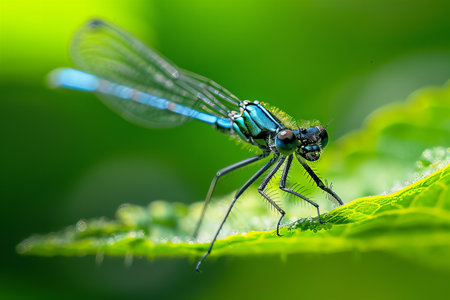 Blue damselfly on green leaf in the wild. Macro.