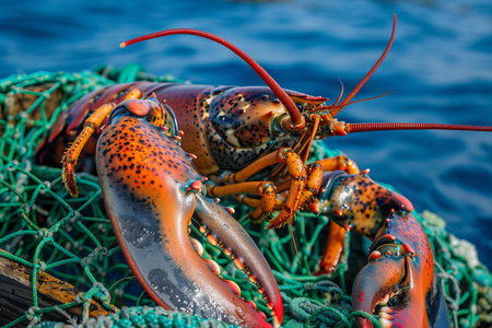 Lobster on a fishing net in the Mediterranean Sea, Franceの写真素材