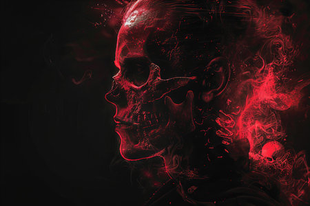 Human skull with red blood on dark background. Halloween concept. 3D Rendering