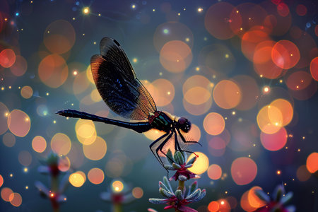 Dragonfly on a flower with bokeh lights in the backgroundの写真素材