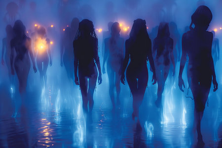 Silhouette of a group of girls in a swimming pool at night.の写真素材
