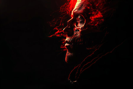 Portrait of a man with a skull in red smoke on a black backgroundの写真素材