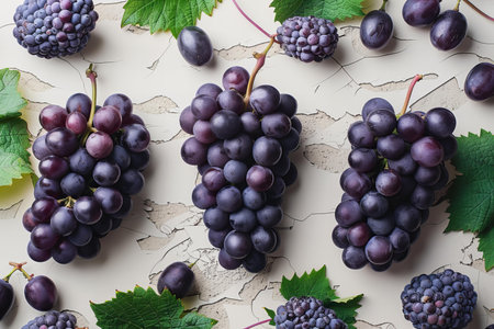 Bunch of black and purple grapes with leaves on a white backgroundの写真素材