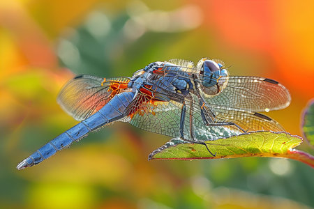 Dragonfly on a leaf in the morning sun. Macro photo.の写真素材