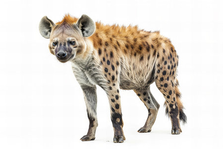 Hyena standing in front of a white background and looking at the cameraの写真素材