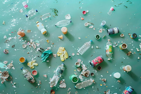 Top view of many used plastic bottles and glass trash on green backgroundの写真素材