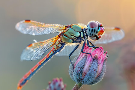 Beautiful dragonfly on a flower in the morning light. macroの写真素材