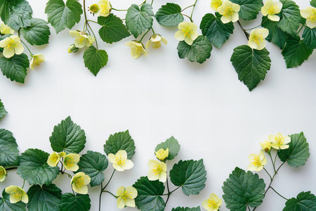 Flowers composition. Frame made of green leaves and flowers on white background. Flat lay, top view,...