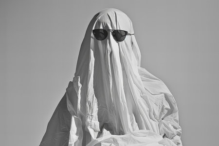 Black and white image of a ghost in a white raincoat and sunglassesの写真素材
