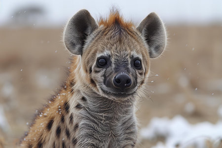 Spotted hyena (Crocuta crocuta) in the snowの写真素材