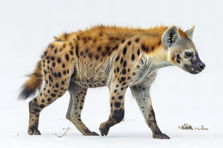 Spotted hyena (Crocuta crocuta) walking in the snowの写真素材