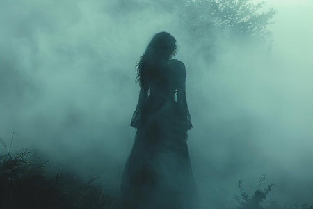 Mysterious silhouette of a woman in a long dress in the fogの写真素材