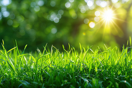 Fresh green grass with sunbeams on bokeh background.の写真素材