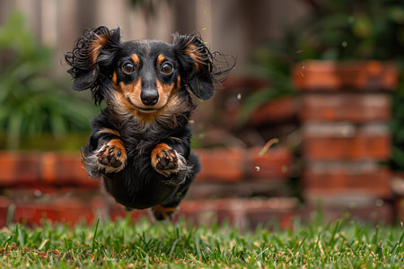 Dachshund dog jumping in the garden on green grass.の写真素材