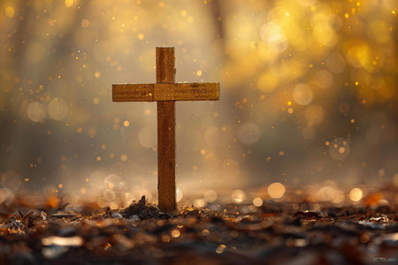 Wooden cross in the autumn forest with a bokeh backgroundの写真素材