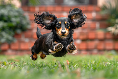 Miniature Dachshund jumping in the garden with a brick wall in the backgroundの写真素材