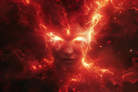 Fantasy face with red fire and smoke. 3D illustration.の写真素材
