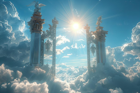 Luxury columns in the sky with clouds. 3D renderingの写真素材