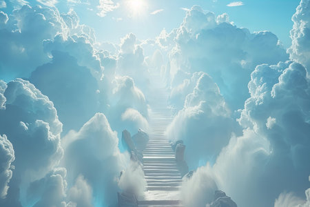 Staircase leading to heaven, 3d render. Stairway to heaven conceptの写真素材