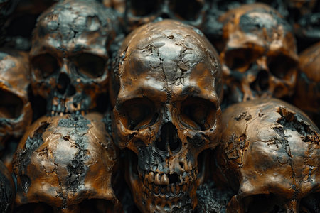Skulls and bones in the ancient cemetery. Halloween background.の写真素材